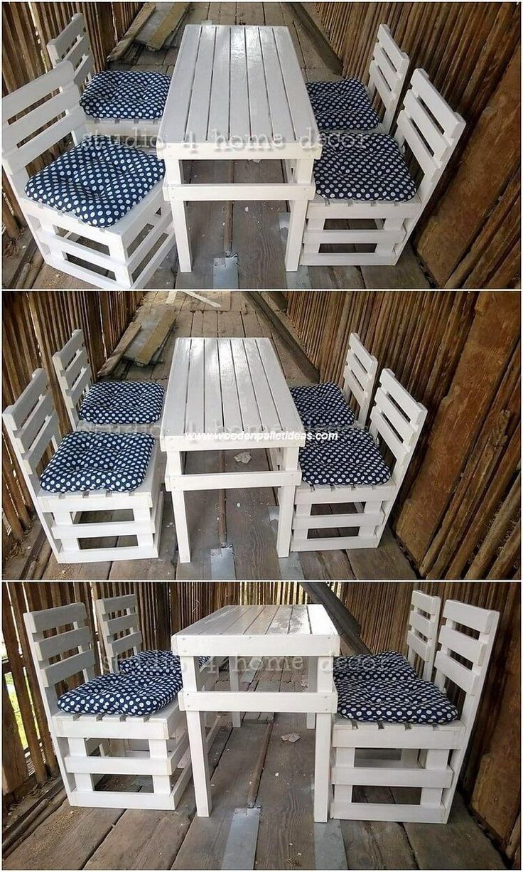 four different pictures of the same table and chairs made out of pallet wood with blue checkered cushions