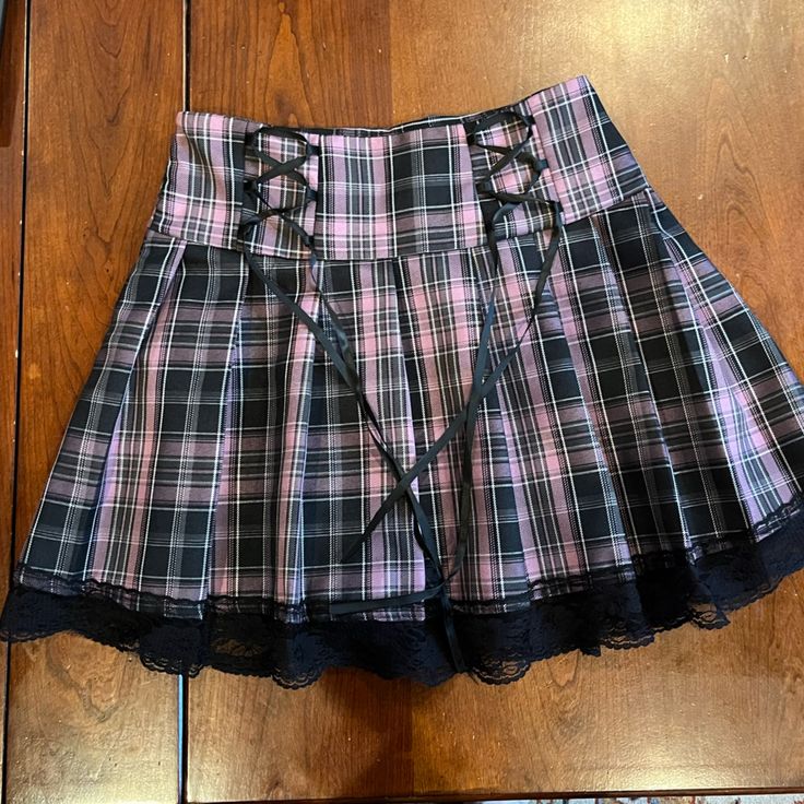 Xs. Plaid Skirt. Never Worn. Black Ribbons. Pastel Goth Fitted Skirt, Edgy Fitted Pink Skirt, Edgy Pink Fitted Skirt, Edgy Pink Skirt For Spring, Edgy Pink Spring Skirt, Pastel Goth Pink Mini Skirt, Fitted Pastel Goth Pink Skirt, Pastel Goth Fitted Pink Skirt, Scene Skirt