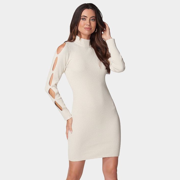 You'll love the chic style of this women's Cutout Sleeve Mini Sweater Dress from bebe.Click on this WOMEN'S GUIDE to find the perfect fit and more! You'll love the chic style of this women's Cutout Sleeve Mini Sweater Dress from bebe.Click on this WOMEN'S GUIDE to find the perfect fit and more! FEATURES Sweaterdress styling Scoopneck Long cold-shoulder sleeves No closure - pull-on styling Straight hemFIT & SIZING 36-in. length Mini length hits at the thighFABRIC & CARE Polyester, elastane Machin Chic Fitted Cream Mini Dress, Chic Cream Stretch Mini Dress, Chic Cream Fitted Mini Dress, Chic Off White Knee-length Mini Dress, Chic Beige Bodycon Dress For Brunch, Elegant Off-white Mini Dress For Fall, Elegant Off White Mini Dress For Fall, Chic Cream Bodycon Mini Dress, Chic White Bodycon Dress For Winter