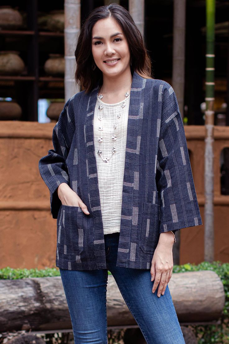 Jamriang in Thailand chooses dark blue-black cotton with a white geometric woven pattern for this stylish kimono-style jacket. An open front and convenient patch pockets make this an easy wardrobe choice to wear anytime. Cotton Outerwear With Pockets And Open Front, Cotton Open Front Outerwear With Pockets, Black Cotton Outerwear With Kimono-style Sleeves, Black Cotton Outerwear With Kimono Sleeves, Kimono Jacket Pattern Free, Kimono Jacket Pattern, Stylish Kimono, Easy Wardrobe, Kimono Style Jacket