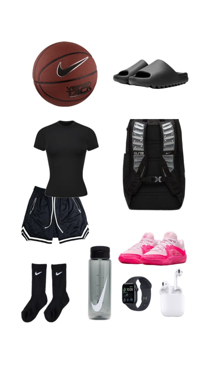 Basketball Fits Baddie, What To Bring To Basketball Practice, Basketball Packing List, What To Put In Your Basketball Bag, Basketball Shorts Women Outfit Aesthetic, Women’s Basketball Outfits, Outfit Ideas For Basketball Game, Cute Basketball Outfits, Basketball Bag Essentials