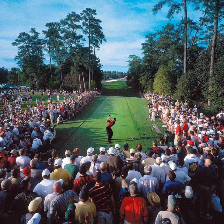 a large group of people watching a man on a golf course with a green in the foreground