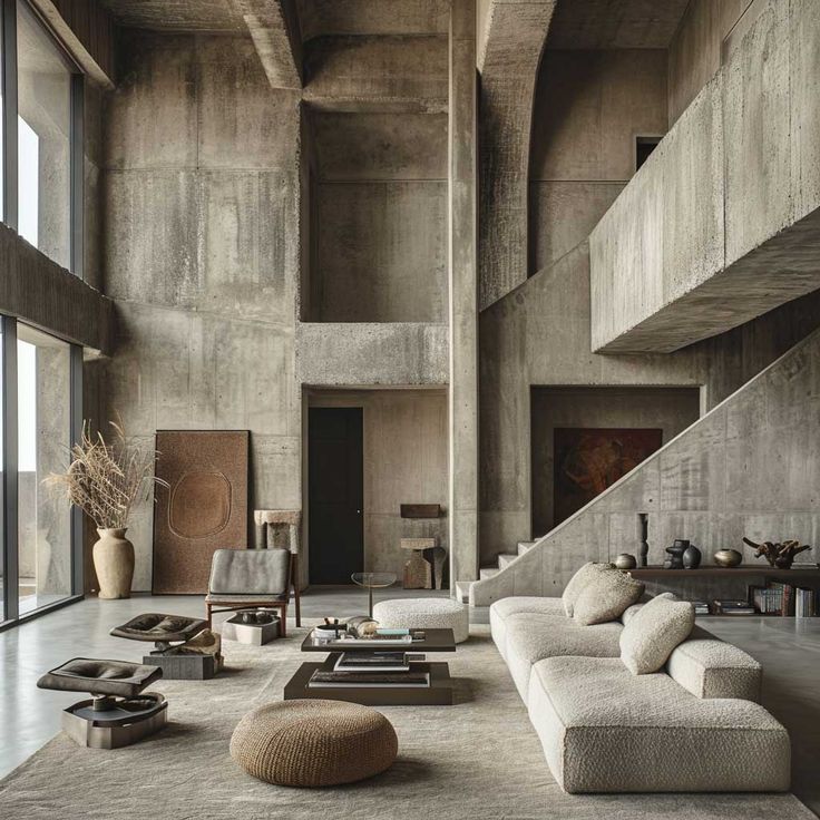 a living room filled with lots of furniture and walls covered in concrete blocks, including stairs