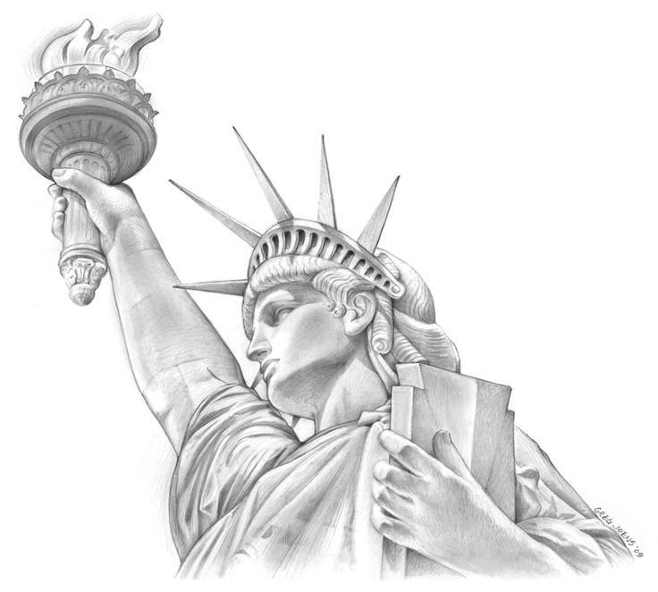 a drawing of the statue of liberty holding a book in one hand and a torch in the other