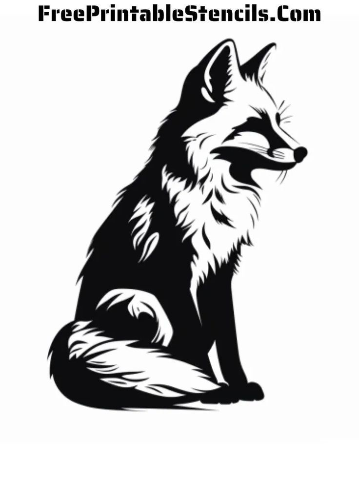 a black and white image of a fox sitting down with the words free printable stencils com