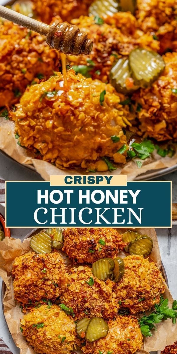 crispy hot honey chicken with pickles and jalapenos on the side