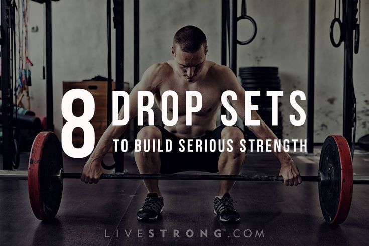 a man squats on a barbell with the words 8 drop sets to build serious strength