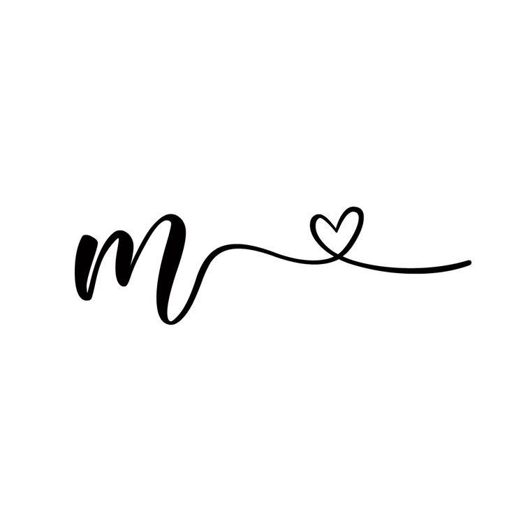 the word m is written in black ink with a heart on it's side