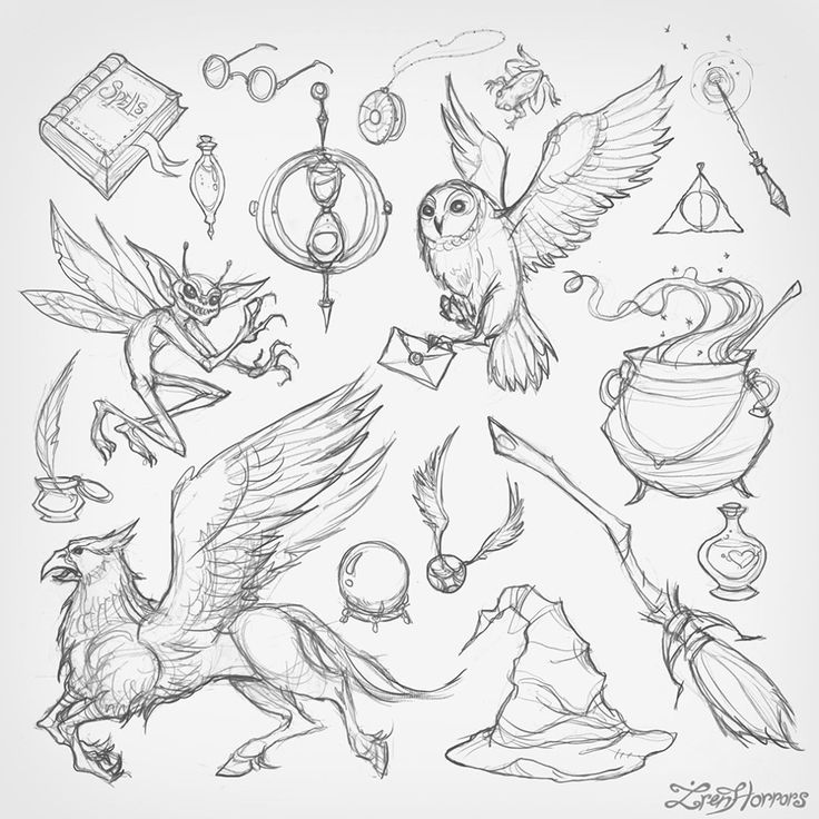 the harry potters symbols and their meanings are drawn in pencil on paper, including an owl