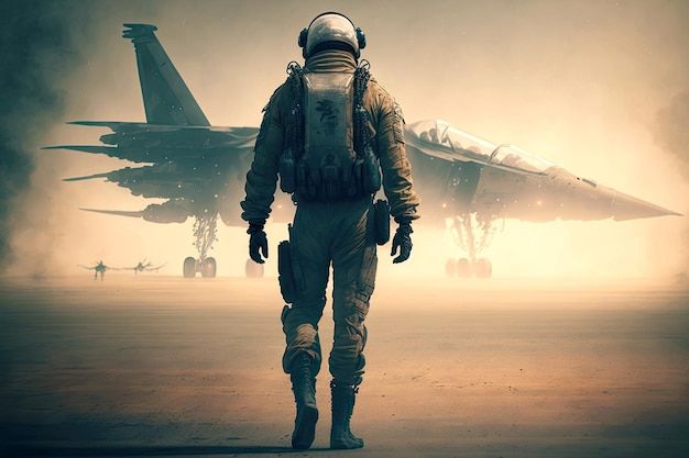 a man in an astronaut suit walking towards a fighter jet