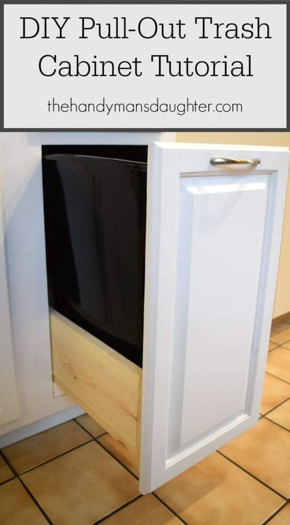 the cabinet door is open to reveal an empty dishwasher in this kitchen with text overlay that reads diy pull - out trash cabinet