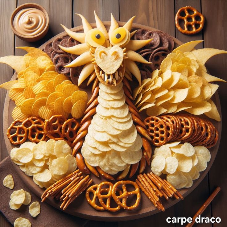 a plate filled with cookies, pretzels and other snacks on top of a wooden table