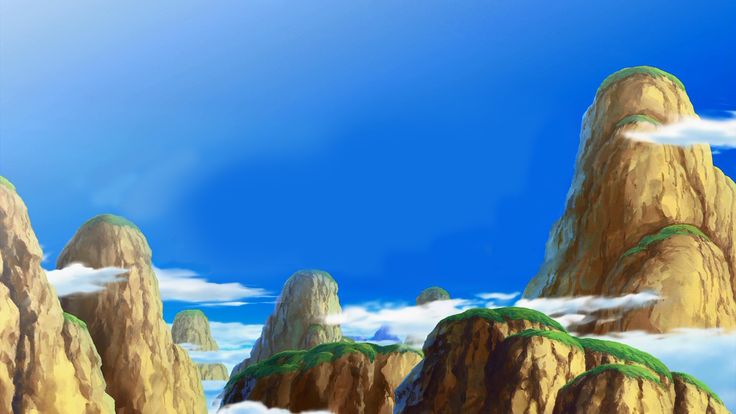 a cartoon scene with mountains and clouds in the sky