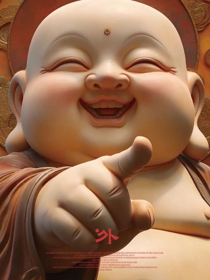 a statue of a laughing buddha giving the thumbs up sign with his right hand in front of him