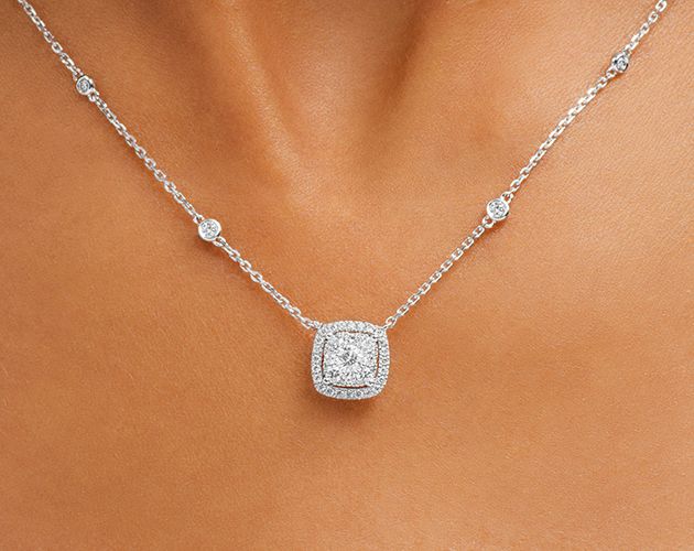 White Gold Necklace With Cushion Cut Halo Setting, White Gold Cushion Cut Necklace With Halo Setting, Elegant Square Pendant Jewelry With Diamond Accents, Formal Halo Design Cushion Cut Jewelry, Formal Cushion Cut Halo Design Jewelry, Formal Cushion Cut Halo Jewelry, Elegant White Cushion Cut Jewelry, Ethical Diamond Square Pendant For Wedding, Wedding Jewelry With Single Cut Diamonds In Square Pendant