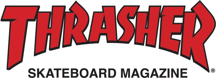 thrash magazine logo with the word skateboard magazine written in red and black on it