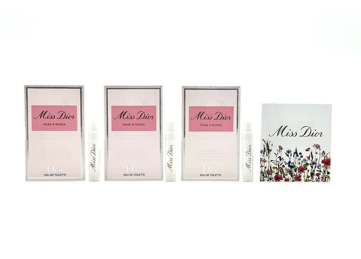 Miss Dior by Dior 4-Pc Sample Set • x3 Miss Dior Rose N’ Roses Eau De Toilette Sample Size: 0.03 Oz/ 1 mL each - Total 3mL Condition: Brand New • Miss Dior Sample Card (Eau de Parfum, Blooming Bouquet, Rose N’ Roses) Condition: Brand New Miss Dior Rose N'Roses by Dior is a Floral fragrance for women. Miss Dior Rose N'Roses was launched in 2020. The nose behind this fragrance is François Demachy. Top notes are Geranium, Italian Mandarin and Bergamot; middle notes are Grasse Rose and Damask Rose; base note is White Musk. STORE TERMS AND CONDITIONS: TERMS AND CONDITIONS: Our Store mainly sells mini/travel size products, samples, Gift with a Purchase, and promotional items including Fragrances, Cosmetics, Skin Care, Hair Care Beauty Products, Totes/Travel Bags, Pouches and etc. These items are Miss Dior Rose N Roses, Miss Dior Edp, Blooming Bouquet, Bouquet Rose, Damask Rose, Fragrance For Women, Travel Set, Miss Dior, Promotional Items