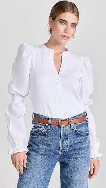 Veronica Beard Jean Julianka Top | Shopbop Cotton Blouse With Flutter Sleeve For Work, Classic Cotton Tops With Gathered Sleeves, Fall Cotton Tops With Gathered Sleeves, White Top With Ruffled Sleeves, White Top With Gathered Ruffle Sleeves, White Tops With Gathered Ruffle Sleeves, Fitted Cotton Tops With Flutter Sleeve, Fitted Cotton Top With Flutter Sleeves, Cotton Blouse With Flutter Sleeves For Fall