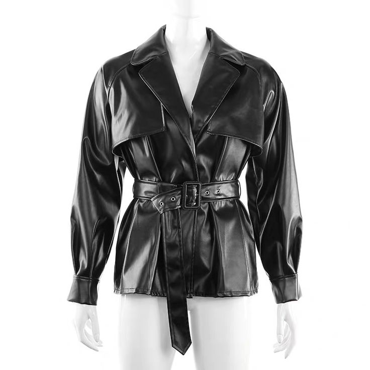 Short Style Classic S To L Pu Jacket, Faux Leather Coat, Black Windbreaker, Pu Leather Jacket, Belted Jacket, Biker Leather, Oversized Jacket, Leather Sleeve, Black Leather Jacket