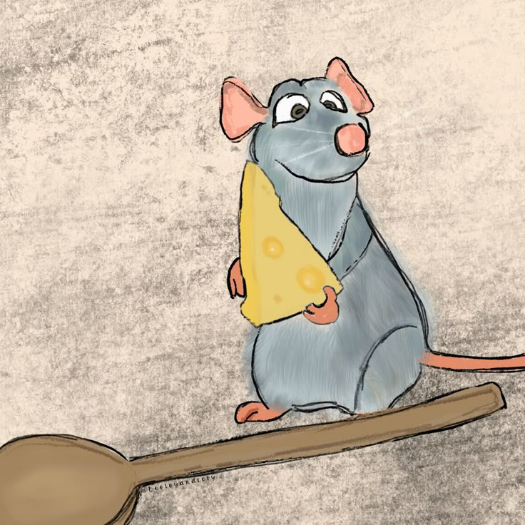 a cartoon mouse holding a piece of cheese on top of a wooden spoon and looking at the viewer