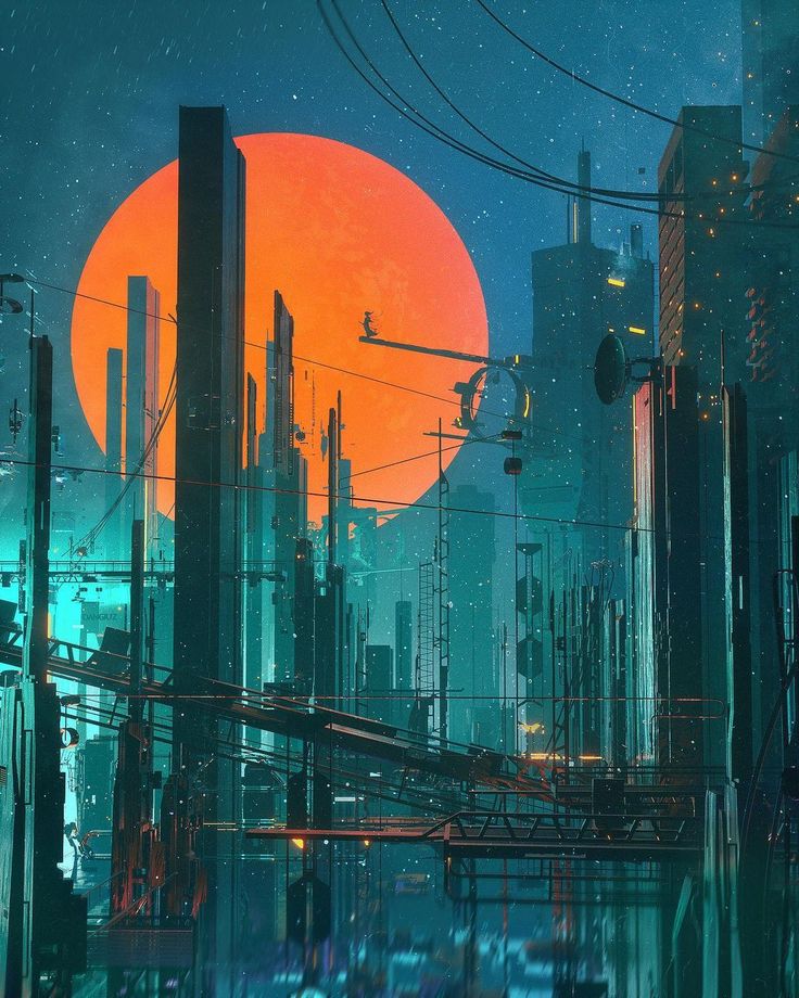 a futuristic cityscape with the sun setting in the distance and power lines running through it