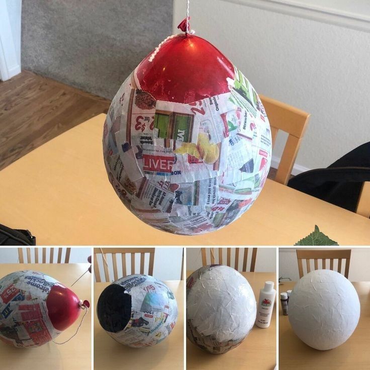 several pictures of different objects made from newspaper balls