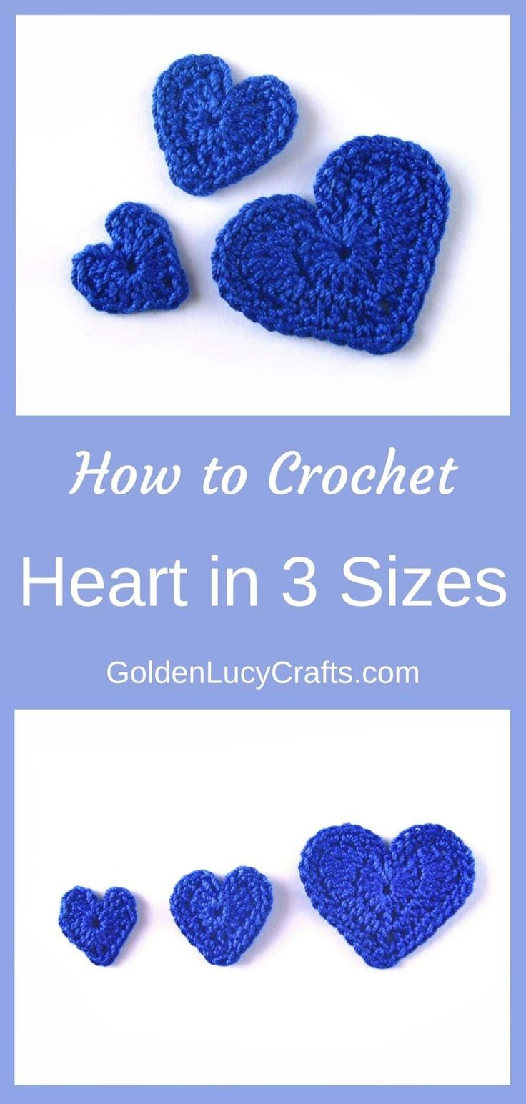 crochet heart in 3 sizes with text overlay that says how to crochet heart in 3 sizes