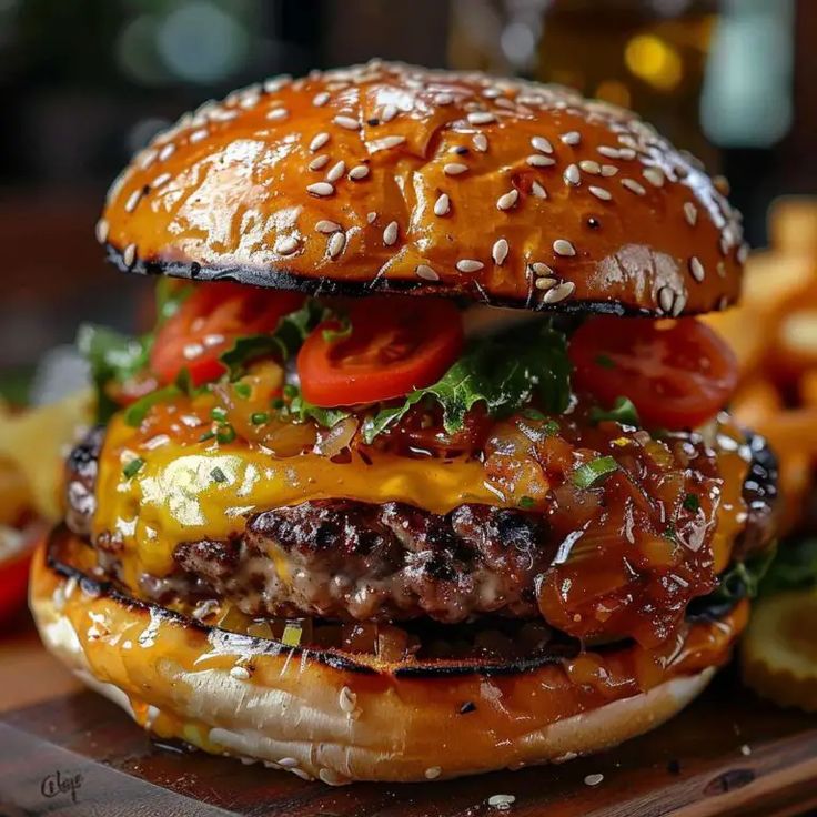 a cheeseburger with tomatoes, lettuce and tomato slices on the side