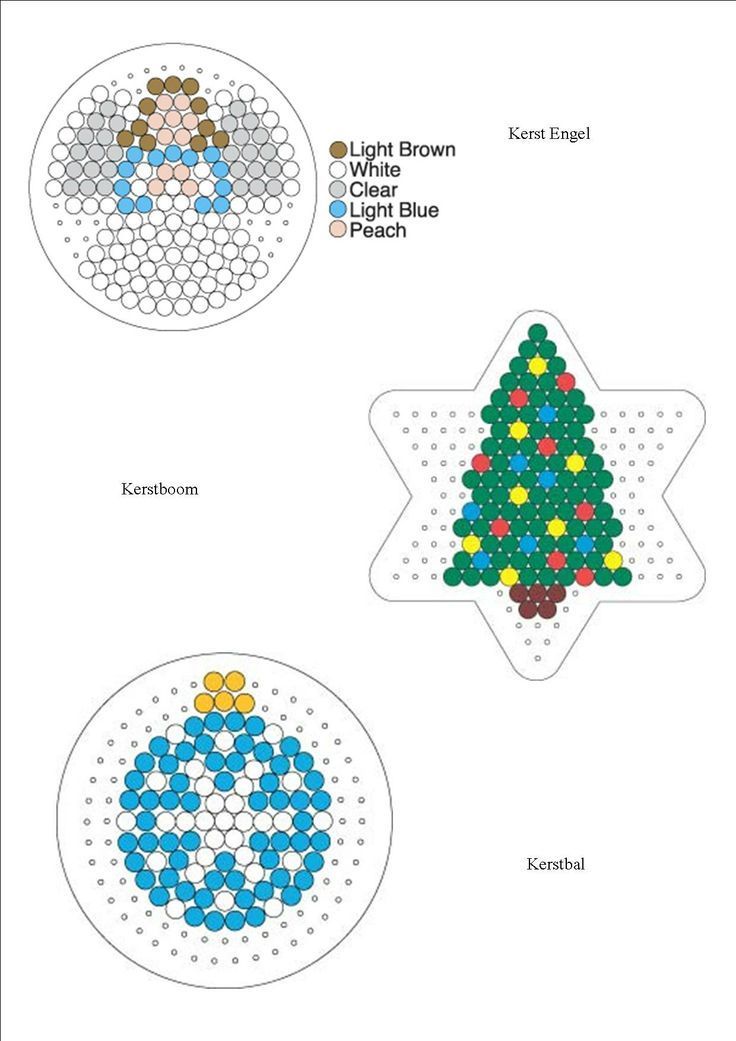 three christmas ornaments with different shapes and sizes, each made out of colored dots on white paper