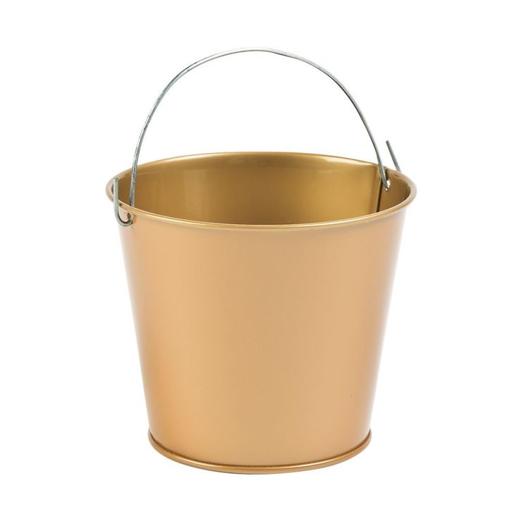 a gold metal bucket with handle on a white background for use as a planter