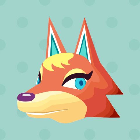 a fox's head with blue eyes and yellow hair on a green polka dot background