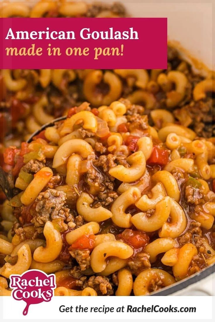 a pot full of macaroni and cheese with the words american goulash made in one pan