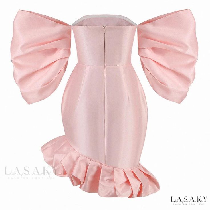 Lasaky - Chic Off-Shoulder Bodycon Mini Party Dress with Asymmetrical Ruffle Hem and Bubble Sleeves in Luxurious Satin Pink Bridal Shower Dress, Little Pink Dress, Socialite Style, Frill Mini Dress, Valentine Party, Style Français, Puff Dress, Prom Ideas, Evening Dresses Short