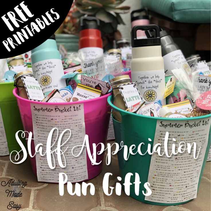 the words staff appreciation fun gifts are in front of two buckets filled with items