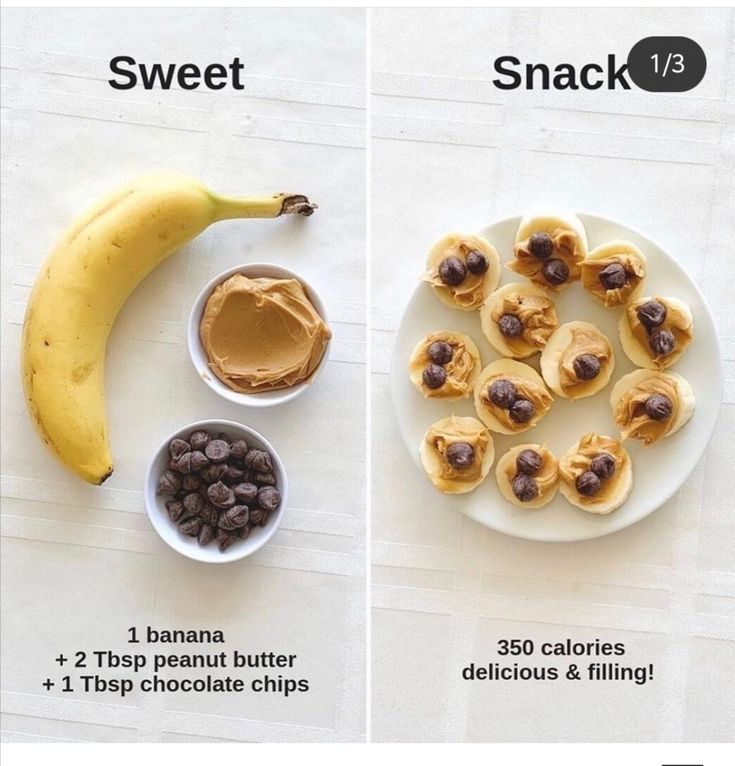 two pictures showing different foods that include bananas, peanut butter, and chocolate chips on the same plate