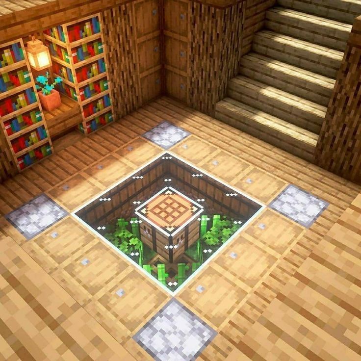 an image of a room in minecraft with stairs and bookshelves on the walls