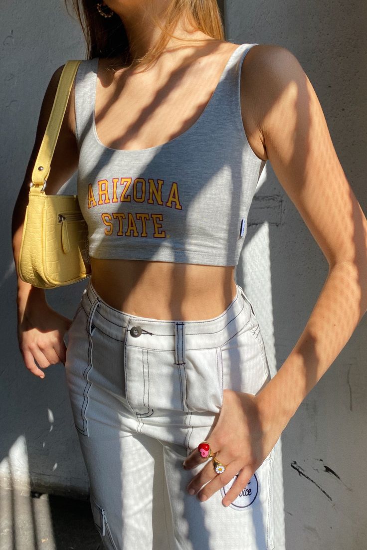 Our scoop neck crop top is so easy to dress up or dress down! About the style: - Fully lined with two layers of cotton spandex for extra support - 95% Cotton, 5% Spandex Colorado Boulder, Vinyl Logo, Black Tube Tops, White Tennis Skirt, Logo Application, Scoop Neck Crop Top, Arizona State University, Arizona State, Gameday Outfit