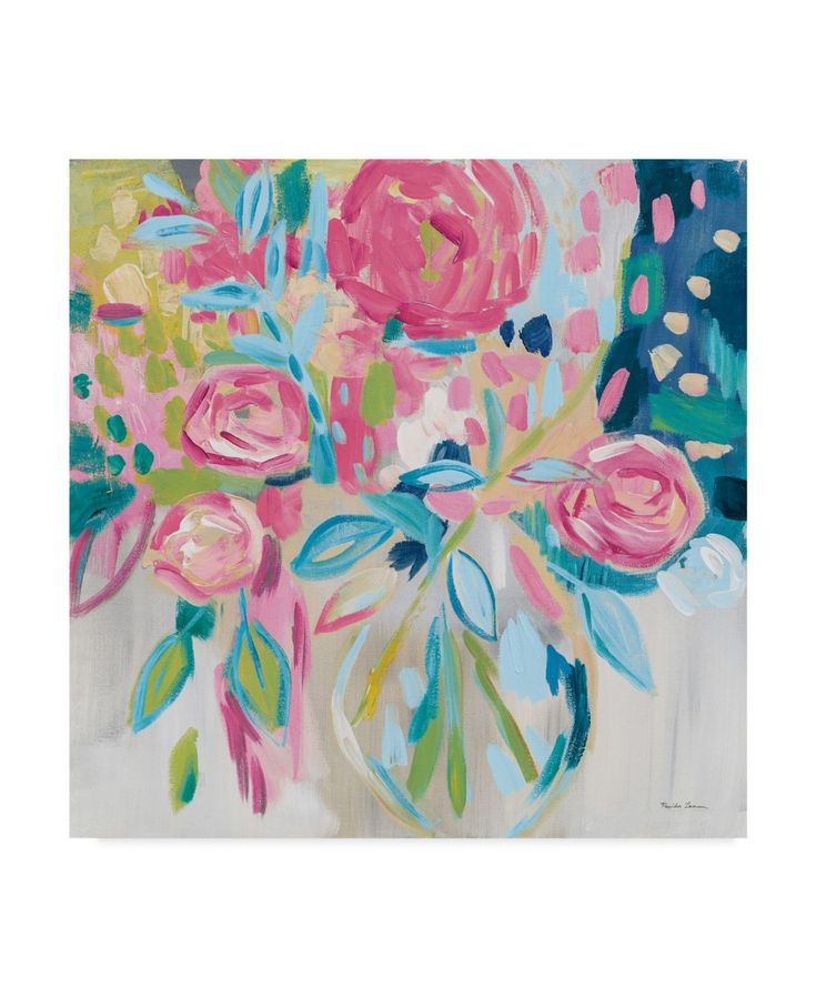 a painting of flowers in a vase on a white background with blue and pink colors