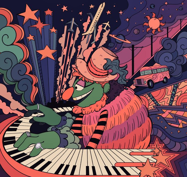 an illustration of a person playing the piano with stars and clouds in the sky behind them