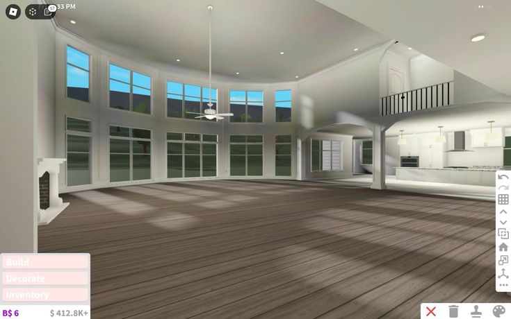 a virtual view of a living room with wood flooring and large windows on the ceiling