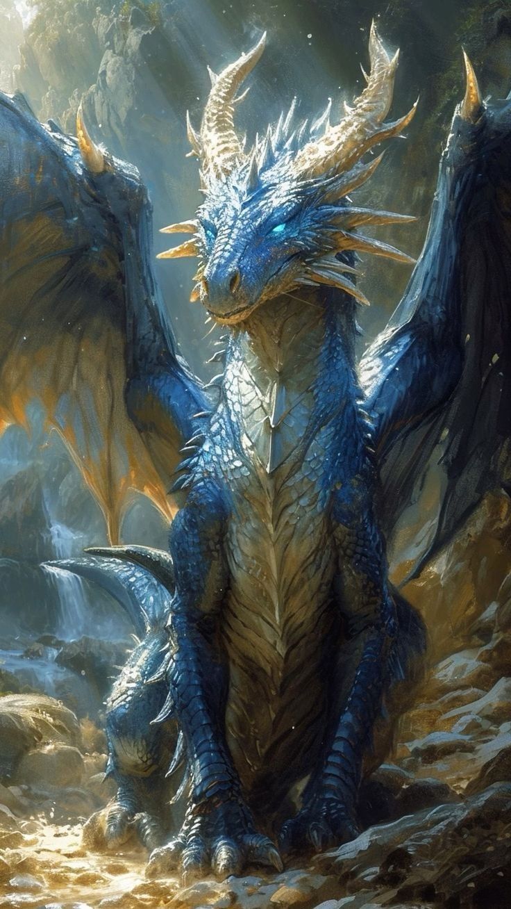 a blue and yellow dragon sitting on top of a rocky hill with its wings spread