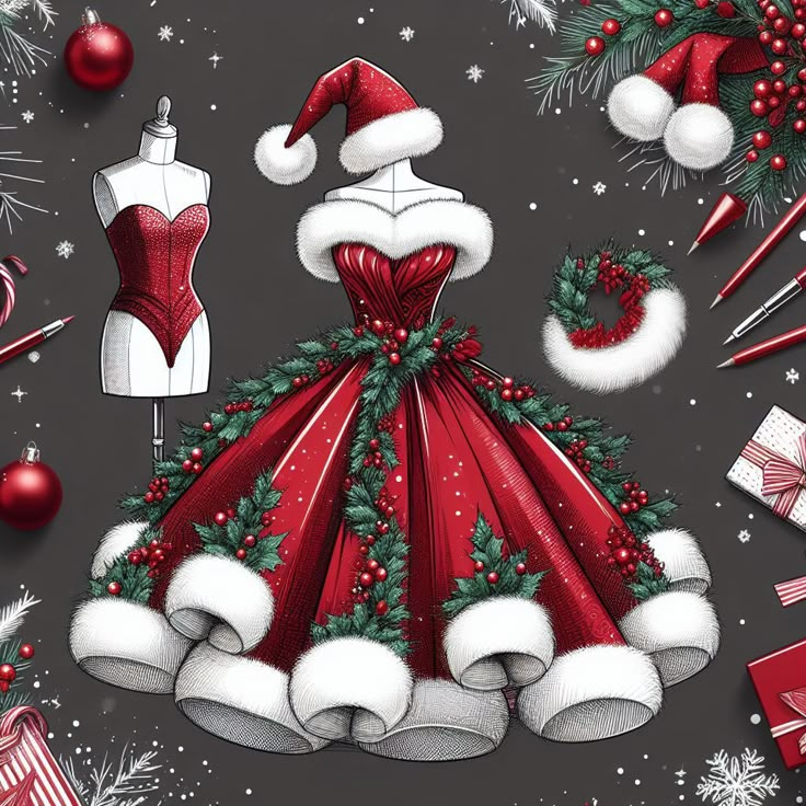 a dress and christmas decorations on a gray background with snowflakes, holly wreaths, santa's hat, stockings and other holiday items