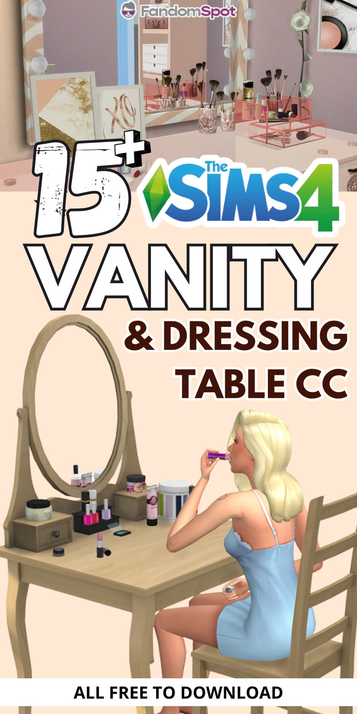 a woman sitting at a table in front of a mirror with the text 15 sims vanity and dressing table c