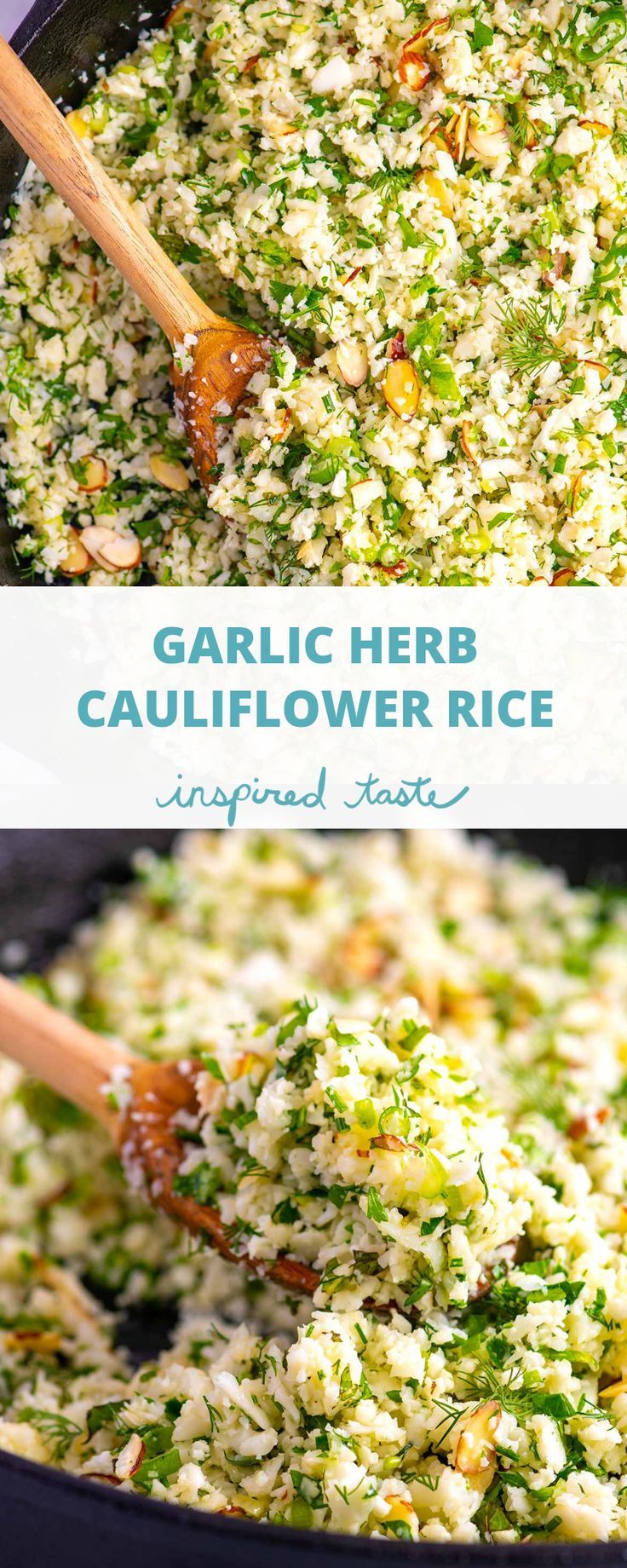 garlic herb cauliflower rice in a skillet with wooden spoons and text overlay