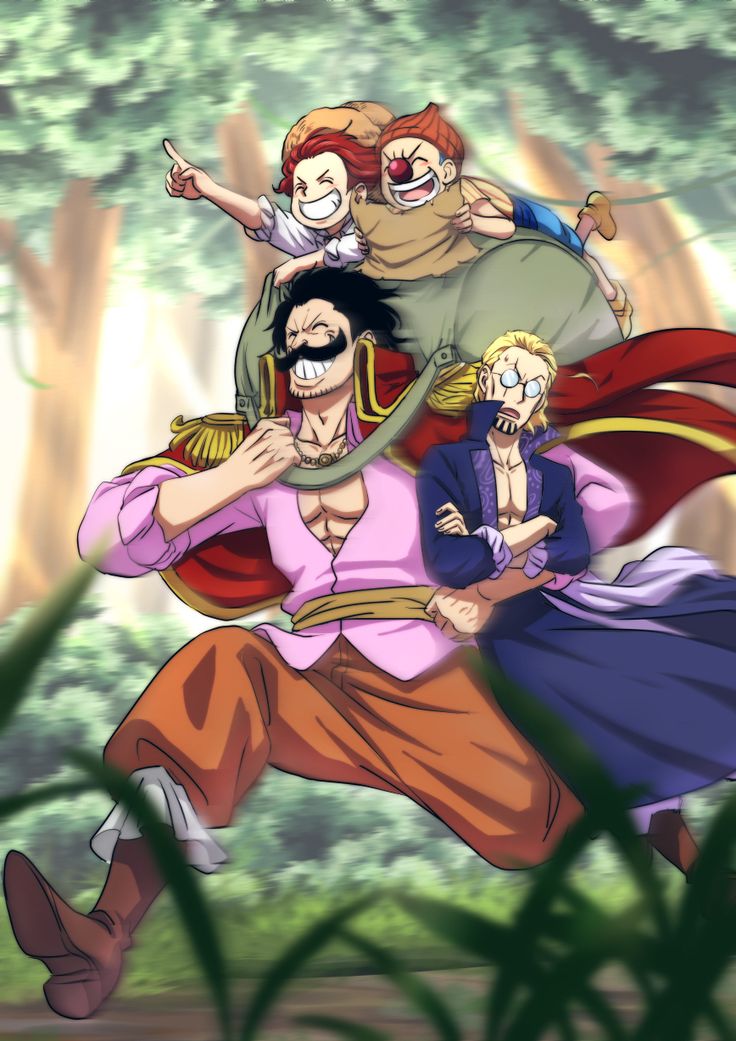 one piece characters running through the woods with their arms around each other while another person holds on to his shoulder