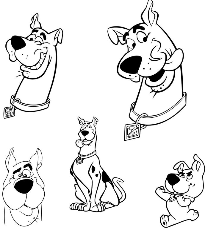 four cartoon dogs with their mouths open and one dog looking up at the camera, while another