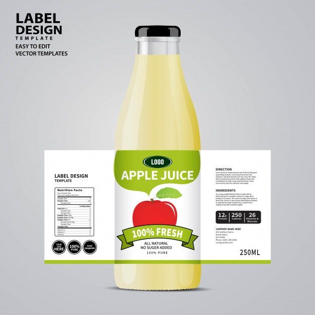 a bottle of apple juice with label on the front and back side, next to an envelope