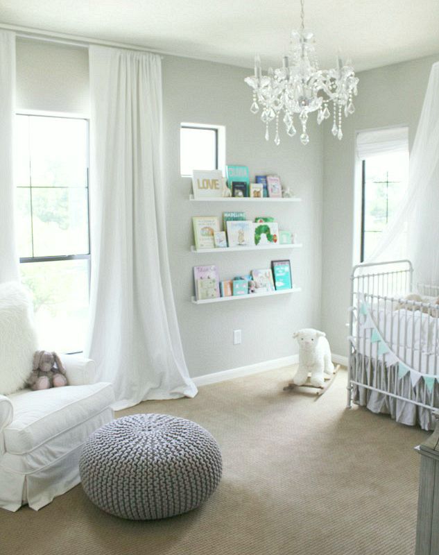 a baby's room is decorated in white and gray