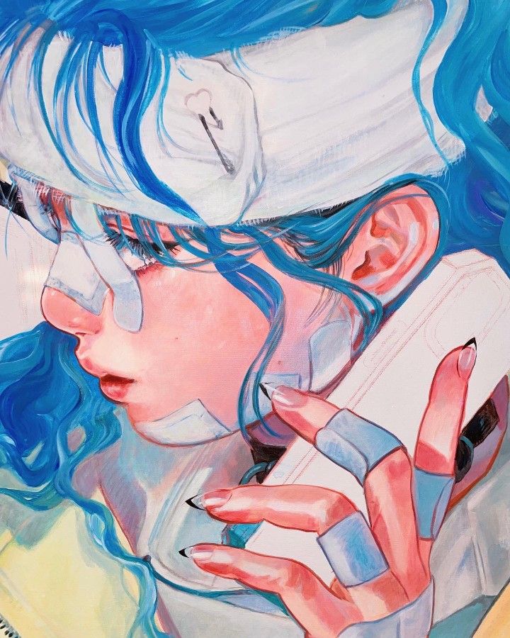 a painting of a woman with blue hair talking on a cell phone