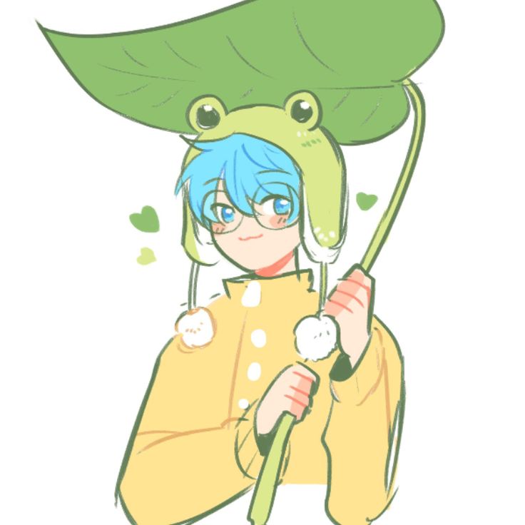 an anime character with blue hair and green leaves on her head, holding a cane